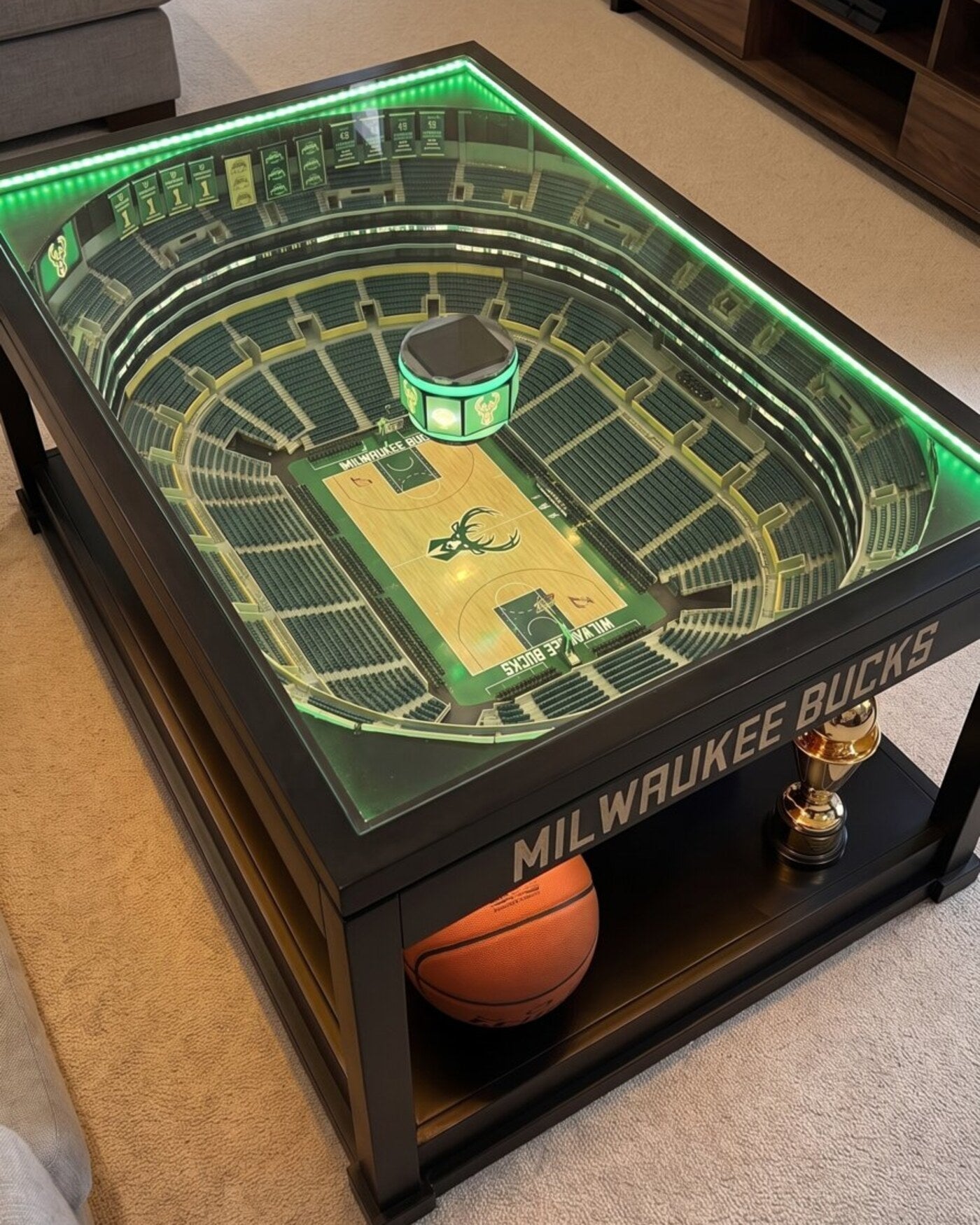 Milwaukee Bucks LED arena coffee table glowing green