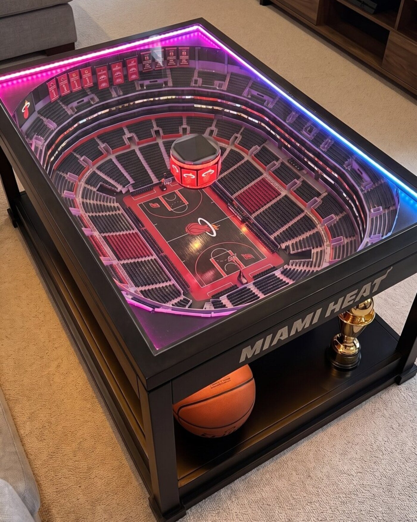 Miami Heat LED arena coffee table glowing red and pink