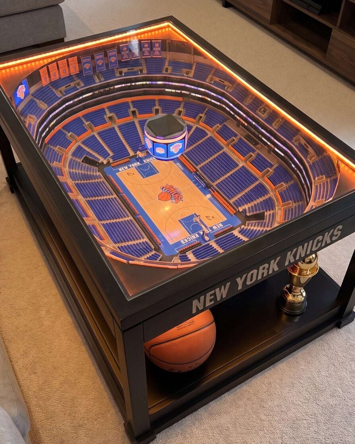 New York Knicks LED arena coffee table glowing blue and orange
