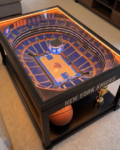 New York Knicks LED arena coffee table glowing blue and orange