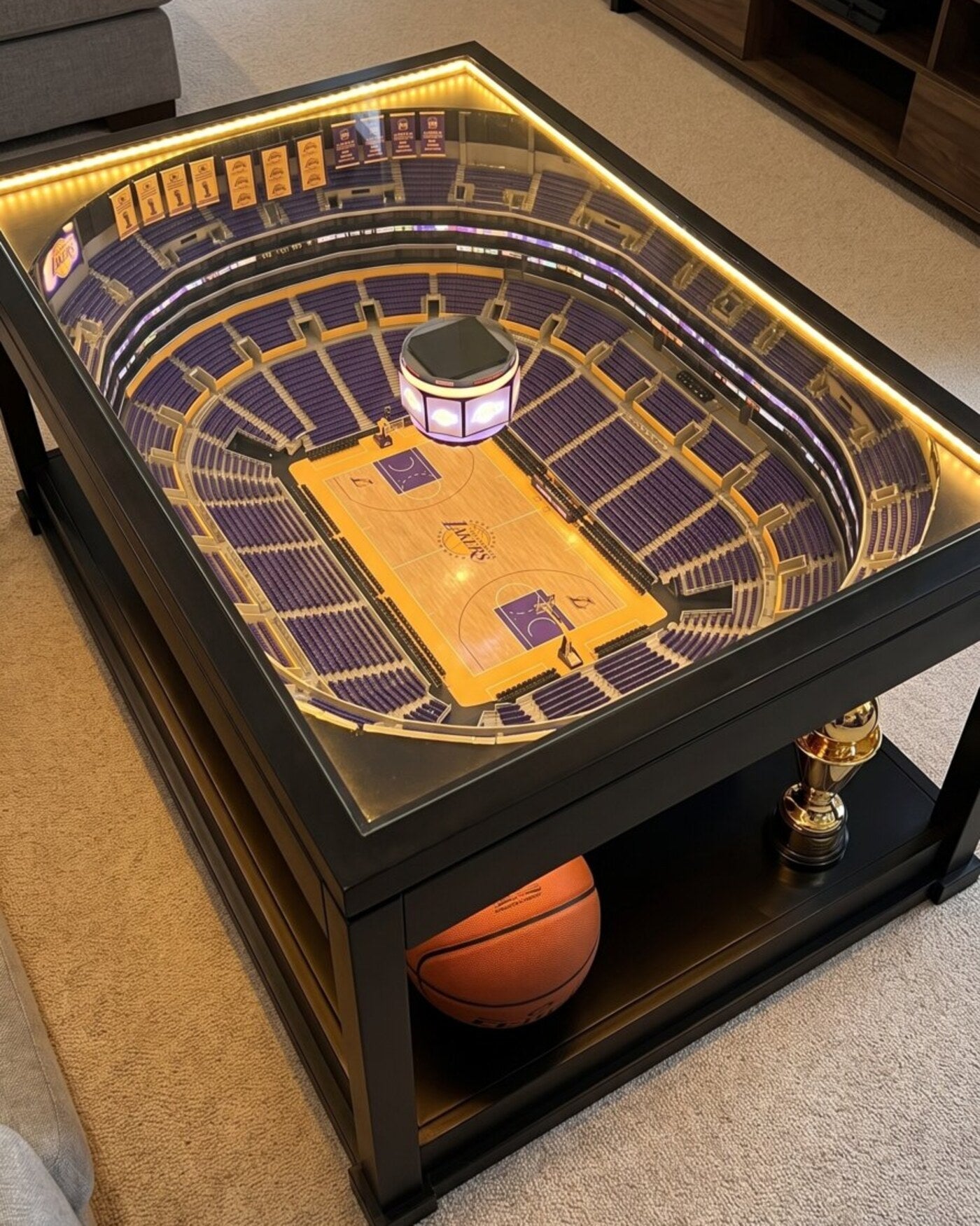 Los Angeles Lakers LED arena coffee table glowing purple and gold
