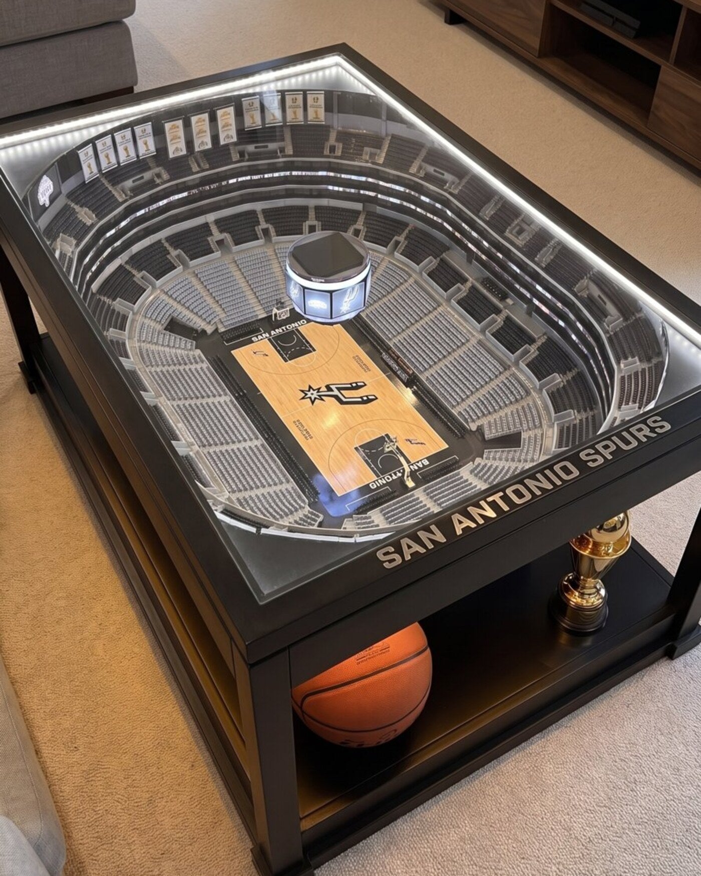 San Antonio Spurs LED arena coffee table glowing silver