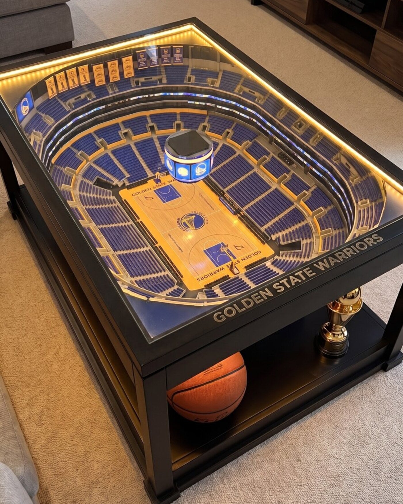Golden State Warriors LED arena coffee table glowing blue and gold